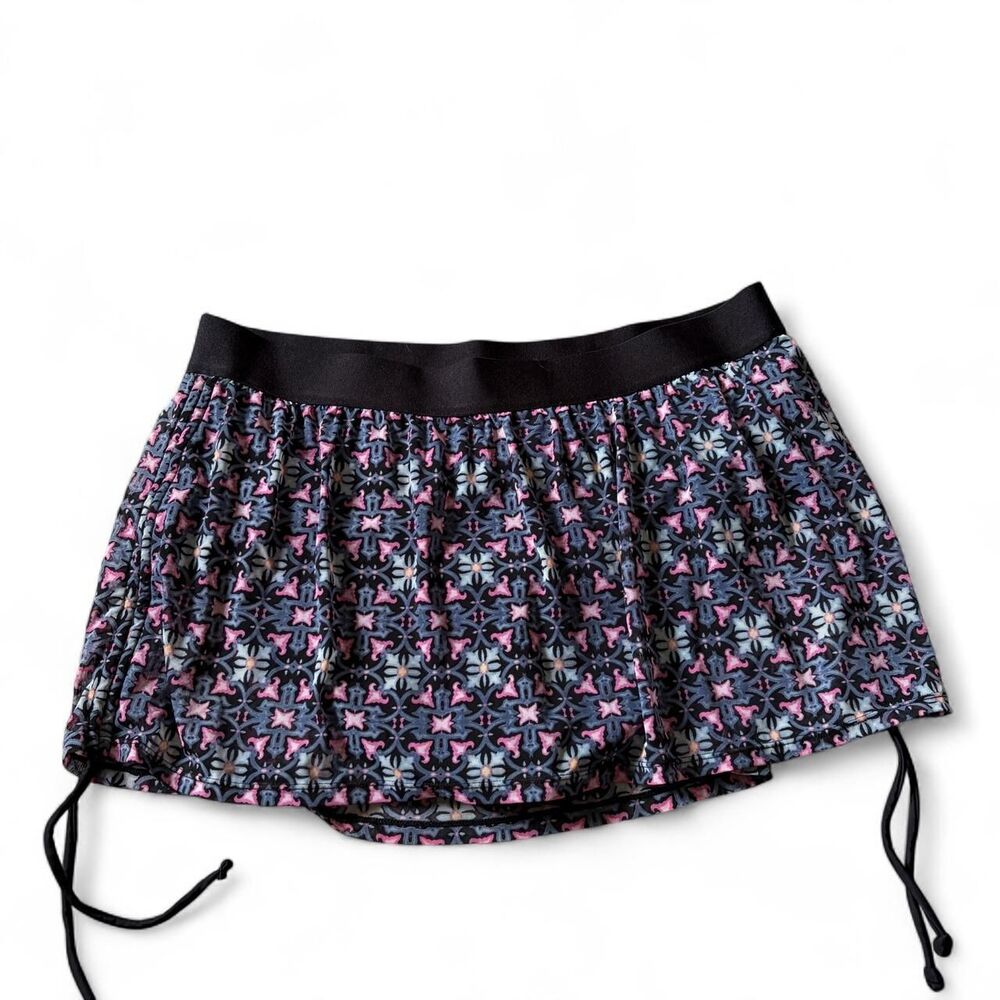 Womens Geometric Floral Swim Skirt XL Black Pink‎ Blue Ruched Side Drawstring